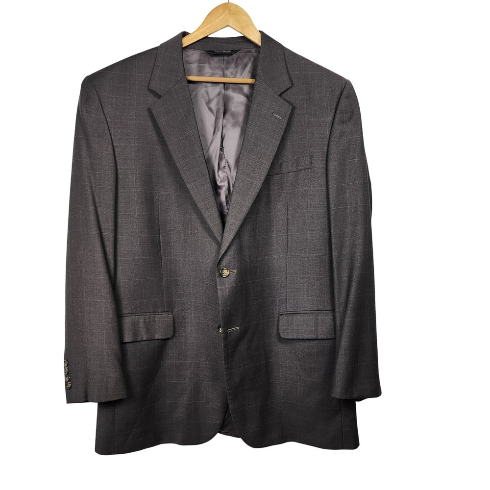 Jos.‎ A. Bank Wool Blazer Mens 46L Gray Windowpane Sport Coat Office Preppy Work